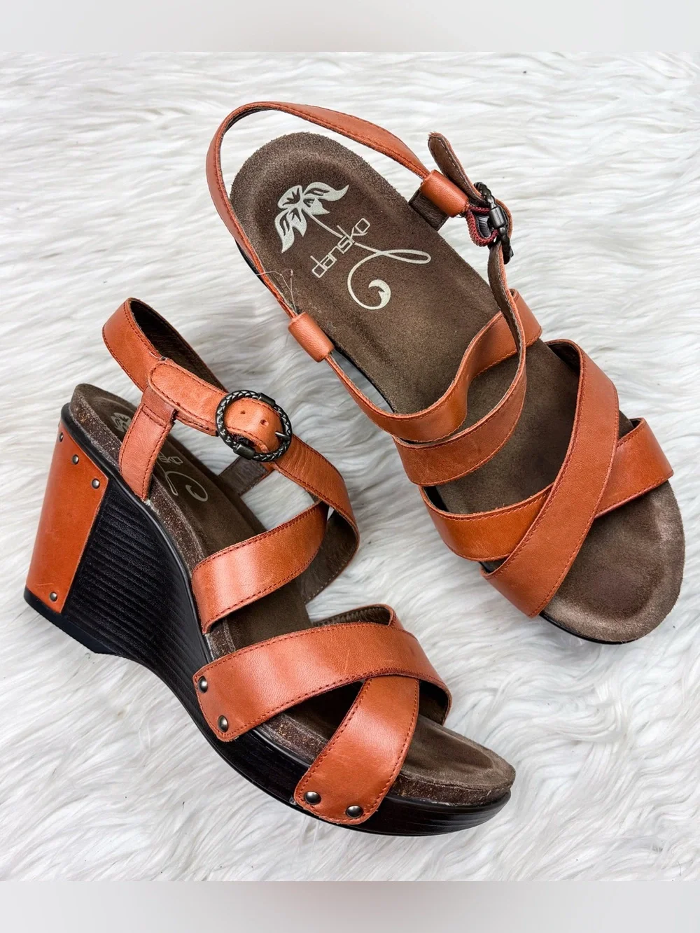 Dansko Frida Wedge Sandal Orange Leather Heel Size 39 Orthopedic Arch Support